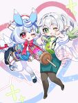  2girls :d ;) ;d absurdres alternate_costume animal_ears black_pantyhose black_shoes blue_hair blue_shoes blue_skirt blush bow bowtie closed_mouth commentary_request cross-shaped_pupils finger_frame full_body genshin_impact gradient_hair green_eyes green_hair green_necktie hair_between_eyes hair_ornament hat highres holding holding_syringe lab_coat long_hair looking_at_viewer melusine_(genshin_impact) multicolored_hair multiple_girls nahida_(genshin_impact) necktie nurse_cap oishii_sasa one_eye_closed open_mouth oversized_object pantyhose pointy_ears pom_pom_(clothes) pom_pom_hair_ornament red_bow red_bowtie red_eyes shirt shoes side_ponytail sigewinne_(genshin_impact) skirt smile stethoscope_around_neck symbol-shaped_pupils syringe thighhighs watermark white_hair white_shirt white_thighhighs 