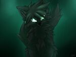 2026 artist_name atmospheric black_body black_fur canid canine canis caypaisley cheek_tuft dark_body dark_fur digital_media_(artwork) facial_tuft feral fluffy fluffy_fur fur glowing glowing_eyes green_background green_eyes hair half-length_portrait hi_res looking_at_viewer male mammal messy_hair neck_tuft pointy_ears portrait russell_(disambiguation) shaded simple_background solo spiky_hair text tuft wolf