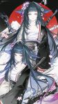  1girl absurdres arknights black_hair black_kimono black_sash blue_eyes blunt_bangs chest_sarashi closed_mouth expressionless flower hair_flower hair_intakes hair_ornament hair_wings highres japanese_clothes kimono long_hair long_sleeves looking_at_viewer mio_(arknights) mountain multiple_views petals pink_flower qsy_livressen7 sarashi sash two-tone_kimono upper_body white_kimono 