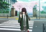 1boy animal animal_on_shoulder backpack bag belt book brown_hair bungou_stray_dogs cherry_blossoms closed_mouth covered_eyes crosswalk day edgar_allan_poe_(bungou_stray_dogs) gakuen_bungou_stray_dogs game_asset green_jacket grey_pants hair_over_eyes highres holding jacket karl_(bungou_stray_dogs) leaf long_sleeves male_focus necktie official_art outdoors pants raccoon road school_uniform shirt short_hair smile solo street striped_clothes striped_necktie third-party_source tree white_shirt 