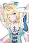  1girl :p ;p absurdres aqua_dress aqua_eyes aqua_gem blonde_hair blush breasts closed_mouth commentary_request detached_sleeves dress elbow_gloves gem genshin_impact gloves hand_up highres lilack_gg looking_at_viewer one_eye_closed simple_background single_bare_shoulder small_breasts solo strapless strapless_dress tongue tongue_out upper_body vesna_(genshin_impact) white_background white_gloves wings 