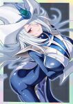  1girl absurdres ass bent_over blue_dress breasts commentary_request dress duel_monster gloves grey_hair hair_over_one_eye hat highres large_breasts long_hair looking_at_viewer obushinpachi red_eyes silent_magician smile thighs white_gloves white_hat wizard_hat yu-gi-oh! 