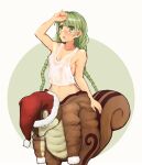 1girl arm_up blush braid breasts castyx cleavage commentary_request english_commentary green_background green_eyes green_hair hair_between_eyes highres kigurumi long_hair mascot_costume medium_breasts mixed-language_commentary no_bra nose_blush open_kigurumi parted_lips rishia_ivyred sideboob solo sweat tank_top tate_no_yuusha_no_nariagari twin_braids upper_body very_sweaty white_background white_tank_top 