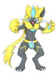 alpha_channel anthro bulge clothing digital_media_(artwork) domestic_cat fangs felid feline felis full-length_portrait fur generation_7_pokemon hi_res jockstrap legendary_pokemon looking_at_viewer male mammal nintendo open_mouth pokemon pokemon_(species) portrait raccoon_merchant shirtless simple_background smile solo standing teeth underwear zeraora