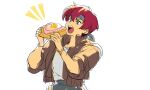  1boy arms_up black_pants bread bread_slice brown_eyes brown_jacket collared_jacket commentary_request cowboy_shot fields_of_mistria food fried_egg fried_egg_on_toast gr_cr26 grey_headband headband holding holding_food jacket looking_at_food male_focus march_(fields_of_mistria) open_clothes open_jacket open_mouth pants parted_bangs red_hair shirt shirt_tucked_in short_hair simple_background sketch solo teeth toast tongue upper_teeth_only white_background white_shirt 