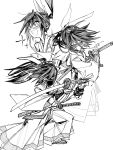  1girl :d absurdres commentary_request fighting_stance highres holding holding_sword holding_weapon isekai_samurai japanese_clothes long_hair looking_at_viewer monochrome multiple_views open_mouth ready_to_draw sa10_e sandals scar scar_on_face scar_on_nose simple_background smile sparkle sword tsukitsuba_ginko weapon white_background zouri 