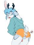 3:4 anthro antlers balls bottomwear butt clothing femboy flaccid foreskin genitals grumpyzed hi_res hoodie horn jackalope lagomorph male mammal orion_(jackalope) penis shorts thatorion topwear torn_bottomwear torn_clothing torn_shorts