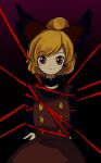  1girl absurdres arms_behind_back black_background black_hair blonde_hair bound bow brown_bow brown_dress commentary_request cowboy_shot dress extra_pupils gradient_background hair_bow highres kurodani_yamame long_sleeves looking_at_viewer neruzou one-hour_drawing_challenge purple_background red_eyes red_ribbon ribbon short_hair solo tied_up_(nonsexual) touhou 