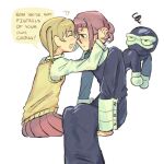  1girl 1other black_dress blonde_hair blush closed_mouth collared_shirt commentary crona_(soul_eater) dress english_commentary english_text green_eyes hand_on_another's_face hand_on_another's_head long_sleeves looking_at_another maka_albarn mobpsychover necktie open_mouth pink_hair purple_eyes school_uniform shirt short_hair simple_background sitting skirt smile soul_eater sweater sweater_vest white_background white_shirt 