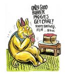 anthro billy_fore birthday bodily_fluids cake clothing cloven_hooves dessert domestic_pig drooling eating eating_food english_text flir_(pig) food happy_birthday hat headgear headwear hooves hypnosis latex living_latex male mammal mind_control overweight overweight_male party_hat saliva solo suid suine sus_(pig) text yellow_latex