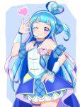  1girl aokaze_nana bare_shoulders blue_dress blue_hair blue_wrist_cuffs blush bow brooch commentary cure_wink detached_collar dress hair_bun hairband heart heart-shaped_hair heart_brooch highres idol_heart_brooch_(precure) idol_heart_incom jewelry kimi_to_idol_precure long_hair looking_at_viewer magical_girl multicolored_hair one_eye_closed plaid_armband plaid_clothes plaid_ribbon plaid_sleeves precure purple_eyes purple_hair ribbon s_mikan96 skirt smile solo two-tone_hair white_background wrist_cuffs 