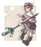  1girl atelier_(series) atelier_rorona belt blush boots brown_boots brown_skirt capelet commentary_request flask floating_clothes frilled_capelet frills full_body gem green_eyes green_gem hat highres holding holding_staff long_sleeves looking_at_viewer mage_staff nishikuromori orange_hair pink_capelet pink_hat rorolina_frixell shadow short_hair simple_background skirt smile solo square staff standing standing_on_one_leg star_(symbol) utility_belt winged_hat 