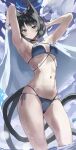  1girl absurdres animal_ears armpits arms_behind_head bikini black_eyes black_hair blue_archive blue_bikini blue_halo blush breasts cat_ears cat_girl cat_tail cloud commentary halo highres holding holding_towel kikyou_(blue_archive) kikyou_(swimsuit)_(blue_archive) lazyramen looking_at_viewer medium_breasts multiple_tails navel nekomata official_alternate_costume short_hair sky solo stomach swimsuit tail towel two_tails 