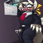 1:1 2026 accessory angirasu anguirus anthro aroused back_spikes belt big_butt black_belt black_bottomwear black_clothing black_pants black_suit blush bodily_fluids bottomwear bulge business_suit butt calendar claws clothed clothing collared_shirt cum cum_drip cum_in_clothing cum_through_clothing digital_drawing_(artwork) digital_media_(artwork) dinosaur dripping ejaculation erection erection_under_clothing eyebrows eyelashes eyeshadow facial_horn fangs femboy finger_claws frown genital_fluids godzilla_(series) half-length_portrait hands-free head_horn horn kinktober kinktober_2026 makeup male nbac62mek49 necktie open_frown open_mouth pants portrait prehistoric_species red_necktie reptile scalie shirt spikes spikes_(anatomy) spontaneous_ejaculation standing suit surprised tail teeth thick_thighs through_clothing toho toony topwear wet wet_clothing white_collared_shirt