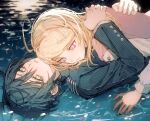  1boy 1girl ahoge akamatsu_kaede black_hair blonde_hair brown_hair commentary danganronpa_(series) danganronpa_v3:_killing_harmony deep_(deep4946) hair_ornament hetero highres hug lying lying_on_person lying_on_water medium_hair musical_note musical_note_hair_ornament on_back on_stomach pink_eyes pink_sweater_vest pinstripe_jacket pinstripe_pattern saihara_shuichi shirt short_hair sweater_vest tearing_up upper_body white_shirt 