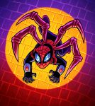  1boy animal_print black_bodysuit bodysuit brick_wall crawling dan_hipp english_commentary finger_claws highres male_focus marvel marvel_snap mask multicolored_bodysuit official_art on_wall print_bodysuit spider-man_(series) spider_print spider_web_print spotlight superhero_costume superior_spider-man toon_(style) urban vectors 
