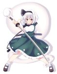  1girl absurdres black_bow black_bowtie black_hairband blue_eyes bow bowtie brown_shoes closed_mouth collared_shirt commentary_request frilled_skirt frills full_body green_skirt green_vest grey_hair hairband highres hitodama holding holding_sword holding_weapon katana kominato_haru konpaku_youmu konpaku_youmu_(ghost) looking_at_viewer mary_janes puffy_short_sleeves puffy_sleeves sheath sheathed shirt shoes short_sleeves simple_background skirt skirt_set socks solo sword sword_on_back touhou vest weapon weapon_on_back white_background white_shirt white_socks 