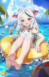  1girl absurdres afloat animal_ears ball barefoot beachball bikini black_streaks blue_archive blue_bikini blue_halo blue_sky braid breasts cloud commentary day feet food full_body grey_hair hair_ornament hairclip halo highres holding holding_food holding_popsicle innertube kokona_(blue_archive) kokona_(swimsuit)_(blue_archive) lens_flare long_hair looking_at_viewer low_twin_braids multicolored_hair ocean official_alternate_costume on_innertube open_mouth orange_eyes outdoors palm_tree plaid_bikini plaid_clothes popsicle rubber_duck simple_bird sky small_breasts smile soles solo streaked_hair swim_ring swimsuit toes tree twin_braids water wochinijiadamia 