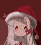  diamond_hair_ornament hand_on_headwear hat himouto!_umaru-chan jacket kongou_hikari long_hair long_sleeves moemaru red_background red_ribbon ribbon santa_hat school_uniform silver_hair sleeves_past_wrists white_jacket 