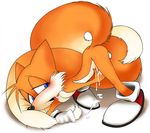  bent_over blush canine cum erection fox male mammal miles_prower multiple_tails panting penis sega shoes solo sonic_(series) sonic_team tail_grab tails tongue tongue_out unknown_artist 