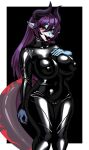 absurd_res anthro big_breasts big_butt black_background blue_body blush bodysuit border breasts butt camel_toe clothing digital_media_(artwork) dragon female glistening glistening_clothing hair hand_on_breast hi_res horn latex latex_bodysuit latex_clothing latex_skinsuit light lighting looking_at_viewer mythological_creature mythological_scalie mythology nipple_outline open_mouth purple_hair purple_horn red_eyes scalie simple_background skinsuit solo standing tail thick_thighs tight_clothing white_border wide_hips zwei_(saedelaere)