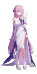  1girl :> absurdres alternate_costume bad_source bare_shoulders blue_eyes breasts collarbone dress elbow_gloves elf elysia_(honkai_impact) full_body gloves hair_ornament heart high_heels highres honkai_(series) honkai_impact_3rd hyume_26 incredibly_absurdres large_breasts long_dress long_hair looking_at_viewer one_eye_closed pink_hair pink_pupils pointy_ears shoes side_slit sidelocks simple_background solo standing very_long_hair white_background white_dress white_gloves white_shoes 