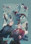  2boys alternate_costume blue_dress brothers cover cover_page dante_(devil_may_cry) devil_may_cry_(series) dragon_tail dragon_wings dress jacket male_focus multiple_boys ngil pixiv red_jacket siblings stairs tail twins vergil_(devil_may_cry) white_hair wings 