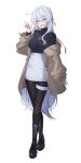  1girl absurdres alternate_costume bad_source belt black_boots black_pantyhose black_shirt blue_eyes boots breasts brown_coat coat full_body hair_between_eyes hand_up highres honkai_(series) honkai_impact_3rd hyume_26 jewelry kiana_kaslana lace-up_boots large_breasts long_hair looking_at_viewer necklace off_shoulder open_mouth pantyhose shirt shirt_tucked_in simple_background skirt smile solo standing tachi-e thigh_belt thigh_strap very_long_hair waving white_background white_skirt 