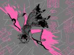  1girl commentary_request dress eyes_in_shadow full_body greyscale highres long_sleeves looking_ahead looking_at_viewer matsumoto_oka monochrome mystia_lorelei outstretched_arms pink_theme short_hair solo spot_color spread_arms touhou translation_request upside-down wings 