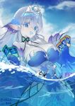  1girl bilibili_username blue_eyes blue_tongue breasts card colored_tongue commentary detached_sleeves dress duel_monster fins fish_girl grey_hair head_fins highres holding holding_card kitkallos_(yu-gi-oh!) large_breasts long_hair open_mouth pointy_ears primeval_planet_perlereino smile solo tearlaments_havnis tearlaments_kitkallos tiara twitter_username untranslatable_commentary wading xunfengbeng yu-gi-oh! 