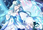  1girl absurdres aqua_hair bare_shoulders blue_eyes collar cowboy_shot detached_collar detached_sleeves dress eyes_visible_through_hair fins flower genshin_impact hair_flower hair_ornament hair_over_one_eye half-closed_eyes head_fins highres karutakomori01 long_hair open_mouth singing solo very_long_hair vodyanitsa_(genshin_impact) white_collar white_dress white_flower white_sleeves 