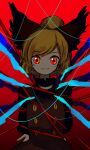  1girl :d absurdres arms_behind_back black_hair blonde_hair blue_ribbon bound bow brown_bow brown_dress commentary_request cowboy_shot dress extra_pupils gradient_background grin hair_bow highres kurodani_yamame light_particles long_sleeves looking_at_viewer neruzou one-hour_drawing_challenge red_background red_eyes red_ribbon ribbon short_hair smile solo tied_up_(nonsexual) touhou 