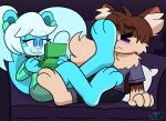 >_< 3_toes 4_fingers anthro big_tail black_bottomwear black_clothing black_pants blue_body blue_eyes blue_fur blush bottomwear brown_body brown_ears brown_fur brown_hair buckteeth clothing cushion dipstick_tail ear_piercing ear_ring eyelashes eyes_closed feet felicity_(mintytempest) female fingers foot_fetish foot_on_face fur furniture grey_clothing grey_shirt grey_t-shirt grey_topwear hair hi_res inner_ear_fluff male male/female mammal markings mintytempest neck_tuft nintendo nintendo_ds nintendo_ds_family pants piercing procyonid raccoon red_inner_ear ring_piercing rodent sciurid shirt sofa t-shirt tail tail_markings tan_body tan_feet tan_fur tan_hands tan_inner_ear_fluff teal_bottomwear teal_clothing teal_inner_ear teal_topwear teeth toes topwear tree_squirrel tuft wavy_mouth white_hair white_nose