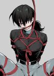  1boy arms_behind_back bdsm belt black_eyes black_hair bondage bound bound_arms bound_legs commentary_request covered_nipples covered_pussy crotch_rope cuntboy gagged grey_background hair_between_eyes highres jia_(the_legend_of_luoxiaohei) looking_at_viewer male_focus o1o1love pants pectoral_bondage ponytail restrained rope shibari shibari_over_clothes simple_background solo the_legend_of_luo_xiaohei 