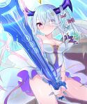 +_+ 1girl absurdres blue_bow blush bow braid breasts cleavage closed_mouth commentary_request cyclepedia_(duel_masters) dragon_girl dragon_horns dragon_tail dress duel_masters eyes_visible_through_hair gold_trim hair_bow hair_on_horn hair_ornament hair_over_one_eye hairclip highres holding holding_sword holding_weapon horns large_breasts mhandpuzzdra multicolored_dress pink_eyes purple_bow purple_dress purple_horns solo sword tail twin_braids weapon white_dress 