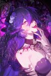  1girl bare_shoulders black_collar collar commentary constellation detached_collar dragon_girl dragon_horns dress flower gamer_supps hair_between_eyes hair_flower hair_ornament hayamafair highres horns indie_virtual_youtuber long_hair looking_at_viewer multiple_horns open_mouth pink_nails purple_dress purple_hair solo starry_hair tongue tongue_out untranslatable_commentary vienna_(vtuber) virtual_youtuber 