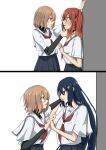  3girls absurdres black_choker black_hair black_shirt black_skirt blue_eyes blush brown_eyes brown_hair choker commentary_request eye_contact hair_ornament hairclip hand_on_another's_chin highres holding_hands interlocked_fingers kabedon layered_sleeves long_hair long_sleeves looking_at_another midare_hanasaki multiple_girls neckerchief oumi_shiori parted_lips pleated_skirt red_hair red_neckerchief school_uniform serafuku shirt short_hair short_over_long_sleeves short_sleeves skirt two_side_up undershirt watashi_wo_tabetai_hitodenashi white_shirt yaotose_hinako yashiro_miko yuri 