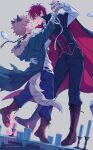  2boys akiyama_(noconoco) animal_collar animal_ears arm_around_another's_waist arm_up arms_up bakugou_katsuki bandaged_arm bandages black_cape black_pants blonde_hair blue_eyes blue_pants boku_no_hero_academia boots brown_boots brown_eyes burn_scar candle candlestand cape chain coat collar commentary_request dancing full_body fur-trimmed_hood fur_trim gloves green_coat halloween halloween_costume heterochromia high_collar holding_hands hood hood_down hooded_coat kemonomimi_mode male_focus multiple_boys official_alternate_costume open_mouth pants parted_bangs red_cape red_collar red_hair scar scar_on_face short_hair smile spiked_hair todoroki_shoto torn_clothes two-sided_cape two-sided_fabric very_short_hair vest watermark white_fur white_gloves wolf_boy wolf_ears 