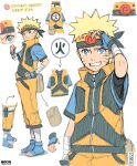  1boy artist_name bilingual_commentary blonde_hair blue_eyes blush character_name commentary_request concept_art disembodied_hand english_commentary english_text facial_mark flak_jacket forehead_protector highres jacket konohagakure_symbol mixed-language_commentary multiple_views naruto_(classic) naruto_(series) orange_jacket orange_pants pants reference_sheet short_hair signature smile solarsel_jump spiked_hair translation_request uzumaki_naruto uzumaki_symbol whisker_markings 