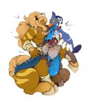 absurd_res alternate_form alternate_species anthro arm_tuft avian avian_feet avian_legs beard blonde_hair blue_body blue_bottomwear blue_clothing blue_eyes blue_feathers blue_loincloth blue_piercing blue_scarf bodily_fluids bottomwear breath_of_the_wild brown_body brown_fur clothing duo ear_piercing elbow_tuft emanata equid equine face_to_face facial_hair fangs feathers felid fingernails fur green_eyes hair hand_tuft hi_res holding_another hooves horn hybrid larger_male lifting_another link lion loincloth long_hair looking_at_another lynel male male/male mammal markings muscular muscular_male muscular_taur nails nintendo pantherine pants piercing revali rito scar scarf shirt signature simple_background sitting size_difference smaller_male smile striped_markings stripes sweat sweatdrop tagme tail taur teeth the_legend_of_zelda tied_beard tied_hair topwear tuft tunic unknown_artist white_background white_horn wrapped_arms wrapped_legs