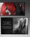 armor arms_tied bound clothing comic dialogue female fingerless_gloves gloves greyscale hair handwear human katarina_du_couteau_(lol) league_of_legends light lighting mammal monochrome offscreen_character offscreen_male partially_colored red_hair riot_games russian_text solo tencent text translation_request unkle_fedya