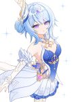  1girl absurdres arm_up blue_dress blue_hair breasts commentary cowboy_shot dress gem genshin_impact hair_between_eyes hair_bun hair_ornament highres looking_at_viewer odette_(genshin_impact) parted_lips purple_eyes purple_gem simple_background small_breasts solo star_(symbol) strapless strapless_dress take_(take96254) white_background 
