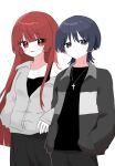  1boy 1girl alternate_costume black_camisole black_eyes black_pants black_shirt black_sleeves blunt_bangs blunt_ends camisole casual choppy_bangs closed_mouth collarbone commission contemporary couple cross cross_necklace eyelashes genshin_impact grey_jacket grey_sleeves hand_in_pocket hetero highres jacket jewelry light_blush long_hair long_sleeves looking_at_viewer necklace notice_lines oc_x_canon open_clothes open_jacket open_mouth original pants red_eyes red_hair scaramouche_(genshin_impact) second-party_source shirt silver_necklace simple_background single_off_shoulder somyena tsurime white_background wolf_cut 