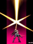  absurdres artist_logo artist_name asymmetrical_dual_wielding beam_rifle commentary copyright_logo copyright_name dark_background dual_wielding energy_beam energy_gun energy_sword firing full_body furuya_tooru gn_drive_tau gradient_background green_eyes gun gundam gundam_00 gundam_exa_vs highres holding holding_beam_saber holding_gun holding_sword holding_weapon klonartdotcom last_shooting logo mecha mecha_focus mobile_suit mobile_suit_gundam no_humans parody pink_background reborns_gundam robot science_fiction shield solo standing sword twitter_username v-fin voice_actor_connection weapon 