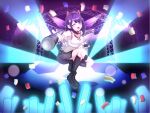  1girl ahoge akuma_nihmune akuma_nihmune_(demon_past) black_boots black_gloves black_skirt bodystocking boots bra breasts cleavage concert demon_horns facial_mark fingerless_gloves fishnet_bodystocking fishnets gloves glowstick hair_ornament heart heart_facial_mark highres holding holding_microphone horns indie_virtual_youtuber long_hair looking_at_viewer microphone mintarramint one_eye_closed open_mouth penlight_(glowstick) purple_hair red_bra red_horns shirt skirt solo star_(symbol) star_hair_ornament underwear virtual_youtuber white_shirt 