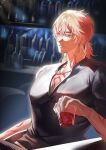  1boy alcohol arm_tattoo bar_(place) black_shirt chain chain_necklace chest_tattoo commentary commission commissioner_upload cup drinking_glass earrings english_commentary gradient_hair highres honkai:_star_rail honkai_(series) jewelry large_pectorals lolleia multicolored_hair mydei_(honkai:_star_rail) necklace pectorals ponytail shirt single_earring tattoo yellow_eyes 
