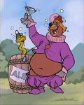 anthro barrel bear belly big_belly blonde_hair bottomwear brown_bear brown_body brown_fur bubble clothing cocktail_glass container cup dead_stray_bear drinking_glass drunk drunk_bubble duo english_text eyewear fake_mustache footwear fur glass glass_container glass_cup green_body green_scales hair half-closed_eyes hat hat_feather headgear headwear hi_res holding_bottomwear holding_clothing holding_object holding_pants little_john loose_feather male mammal monocle narrowed_eyes navel outside overweight overweight_male pants pants_falling_down raising_glass reptile scales scalie shoes sign sir_hiss smile smiling_at_viewer snake spilling_drink substance_intoxication text tight_clothing tongue tongue_out ursine wig