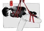  1boy anger_vein bdsm belt black_hair black_shirt bondage bound bound_arms closed_mouth colored_speech_bubble commentary_request greyscale jia_(the_legend_of_luoxiaohei) looking_at_viewer male_focus monochrome o1o1love pants ponytail red_rope rope shirt shoes simple_background solo speech_bubble spot_color suspension the_legend_of_luo_xiaohei white_pants 