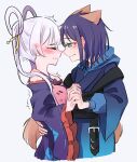  2girls animal_ears blue_hair blue_kimono blush chinese_commentary cho_kaguya-hime! closed_mouth commentary_request ear_blush fox_ears fox_girl fox_tail green_eyes hair_ornament hair_rings hair_stick highres holding_hands hood hood_down indoors interlocked_fingers japanese_clothes kimono kui_ckuqiz long_sleeves multiple_girls official_alternate_costume purple_kimono runami_yachiyo runami_yachiyo_(tsukuyomi) sakayori_iroha sakayori_iroha_(tsukuyomi) simple_background tail translation_request twintails white_background yuri 
