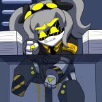 1:1 black_clothing blush bodily_fluids bye_bye_bi_bi clothed clothing desperation disassembly_drone female fully_clothed genital_fluids glitch_productions hi_res humanoid j_(murder_drones) murder_drones omorashi paperwork peeing pigtails sitting_at_desk solo urine wetting
